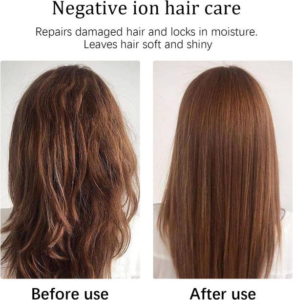 Before and after comparison of hair care product on brown hair.