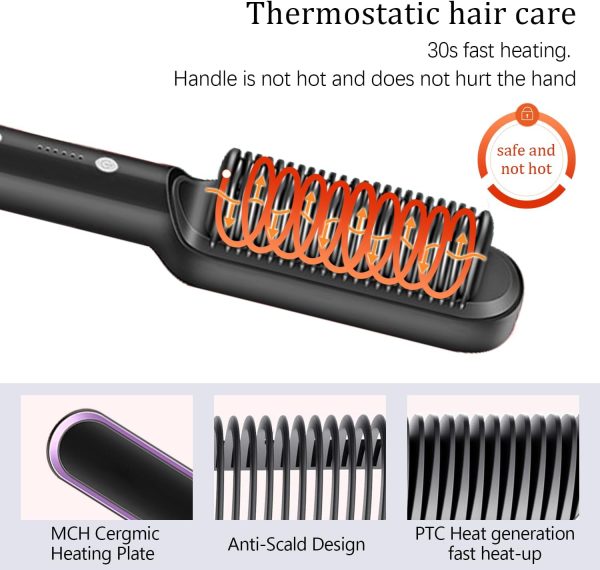 Hair straightening brush with text highlighting features like fast heating and safe design.