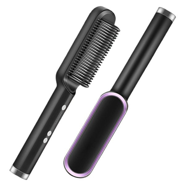 Black hairbrush with purple accent on a white background