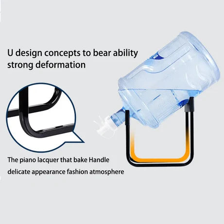 Blue water bottle with handle on a gray background, featuring text about design concepts.