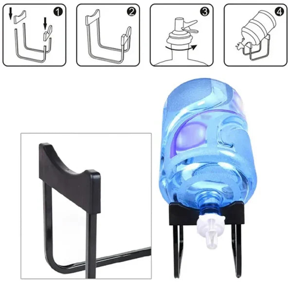 Blue water bottle with black holder and assembly instructions on a white background