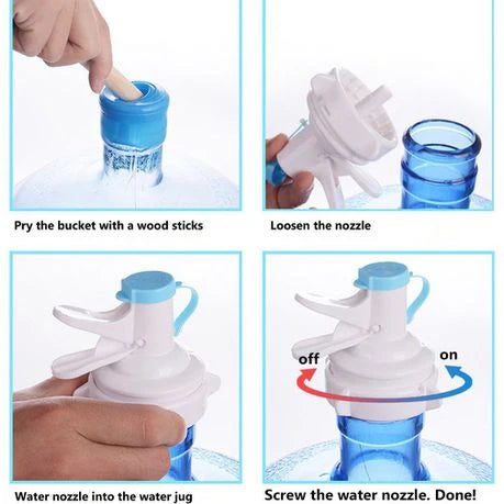 Step-by-step instructions on how to use a water nozzle with a water jug.