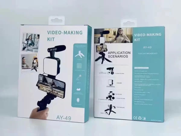 Video-making kit packaging with text and icons on a light gray background