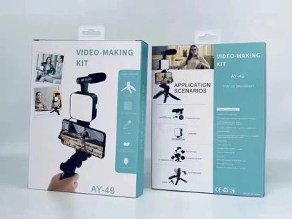 Video-making kit packaging with text and icons on a light gray background