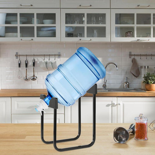 Blue water container on a stand in a kitchen setting