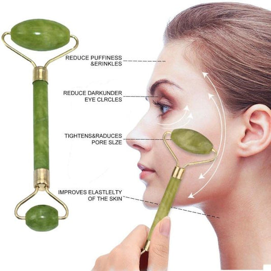 Green jade roller with text on benefits applied to a face.