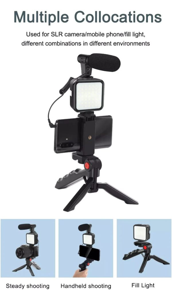 Camera light and tripod setup with smartphone holder, used for SLR camera/mobile phone fill light.