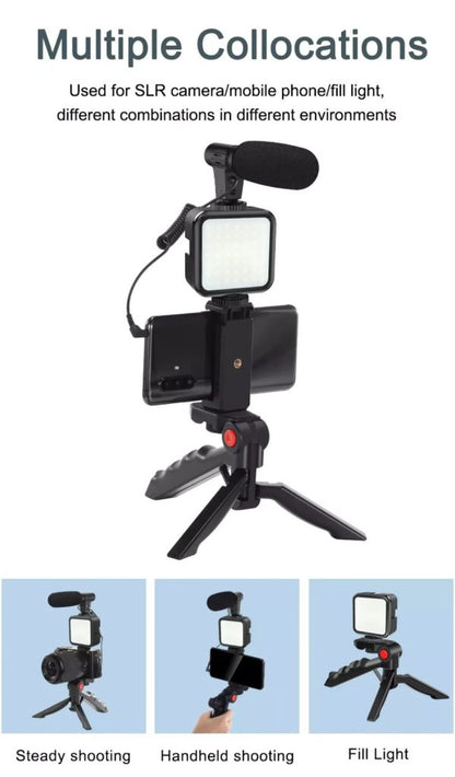 Camera light and tripod setup with smartphone holder, used for SLR camera/mobile phone fill light.