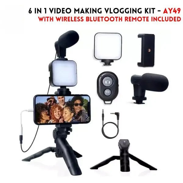 6-in-1 video making vlogging kit with smartphone holder, lights, and remote control on a white background.