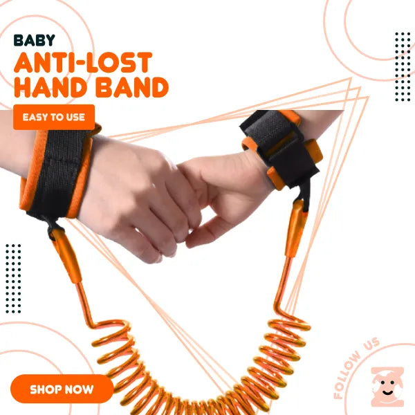 Baby anti-lost hand band with orange and black design on a white background