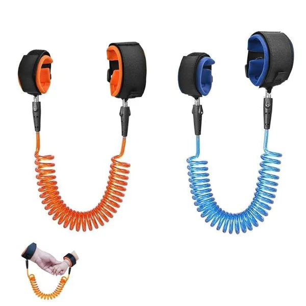 Two sets of child safety leashes, one orange and one blue, on a white background.