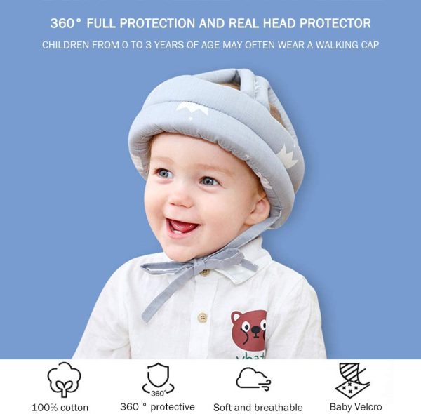 Child wearing a gray helmet with text about its protective features on a blue background