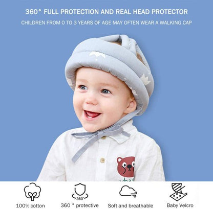 Child wearing a gray helmet with text about its protective features on a blue background