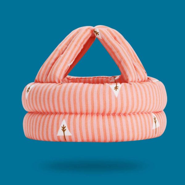 Pink striped bag with a logo on a blue background
