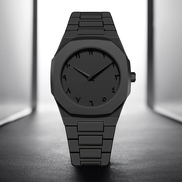 Black watch with a minimalist design on a gray background