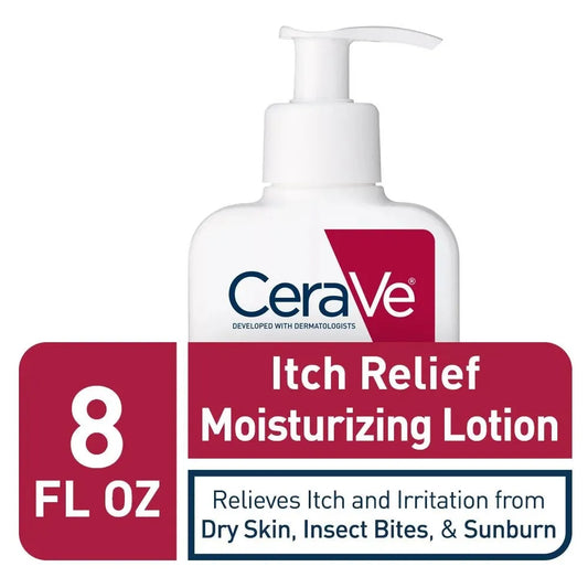 CeraVe itch relief moisturizing lotion bottle with label on a white background