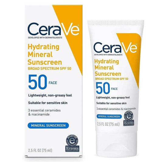 CeraVe hydrating mineral sunscreen packaging on a white background