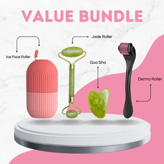 Set of facial rollers including Ice Face Roller, Jade Roller, Gua Sha, and Derma Roller on a white and pink background with 'VALUE BUNDLE' text.