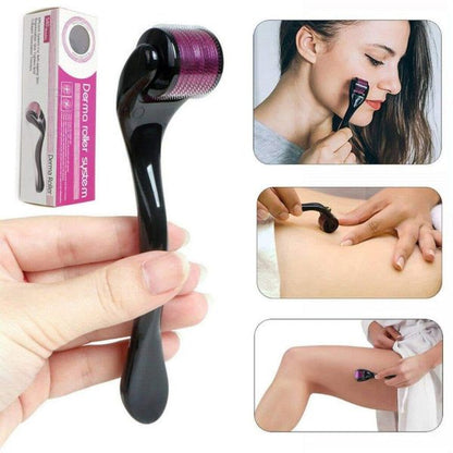 Derma roller system with packaging, being used on skin, and close-up of device.
