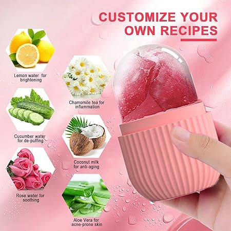Pink handheld device with ingredients for homemade skincare recipes on a pink background