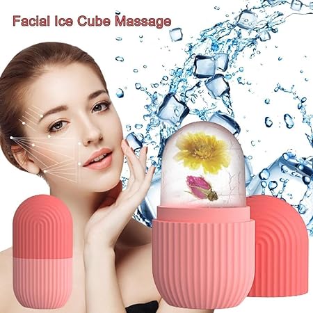 Facial ice cube massage tool with a woman using it, surrounded by ice cubes and water droplets.