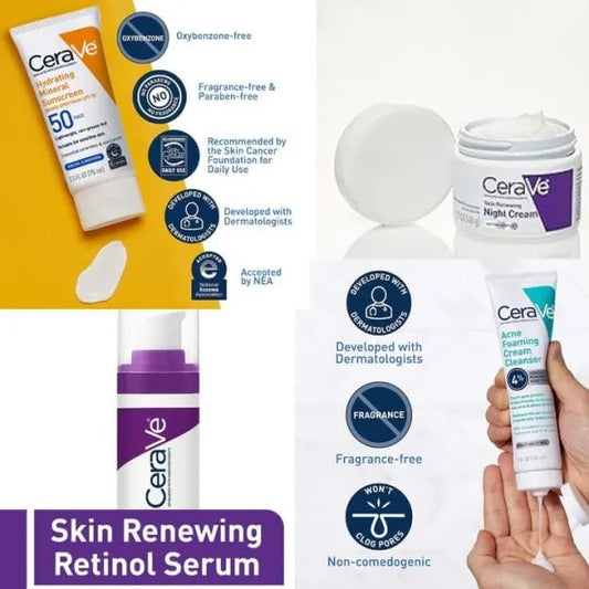 CeraVe skincare products including sunscreen, serum, and cleanser on a white background