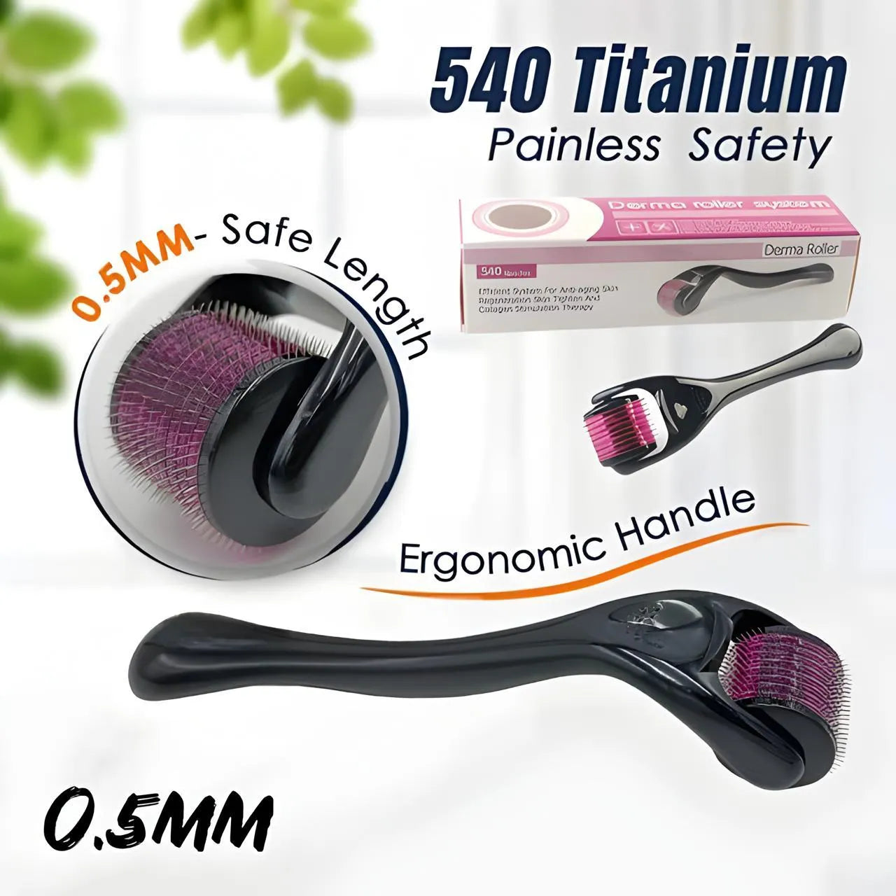 Derma roller with packaging and text highlighting features on a white background