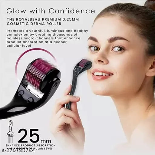 Cosmetic derma roller with text about its benefits and features, displayed alongside a woman holding it.