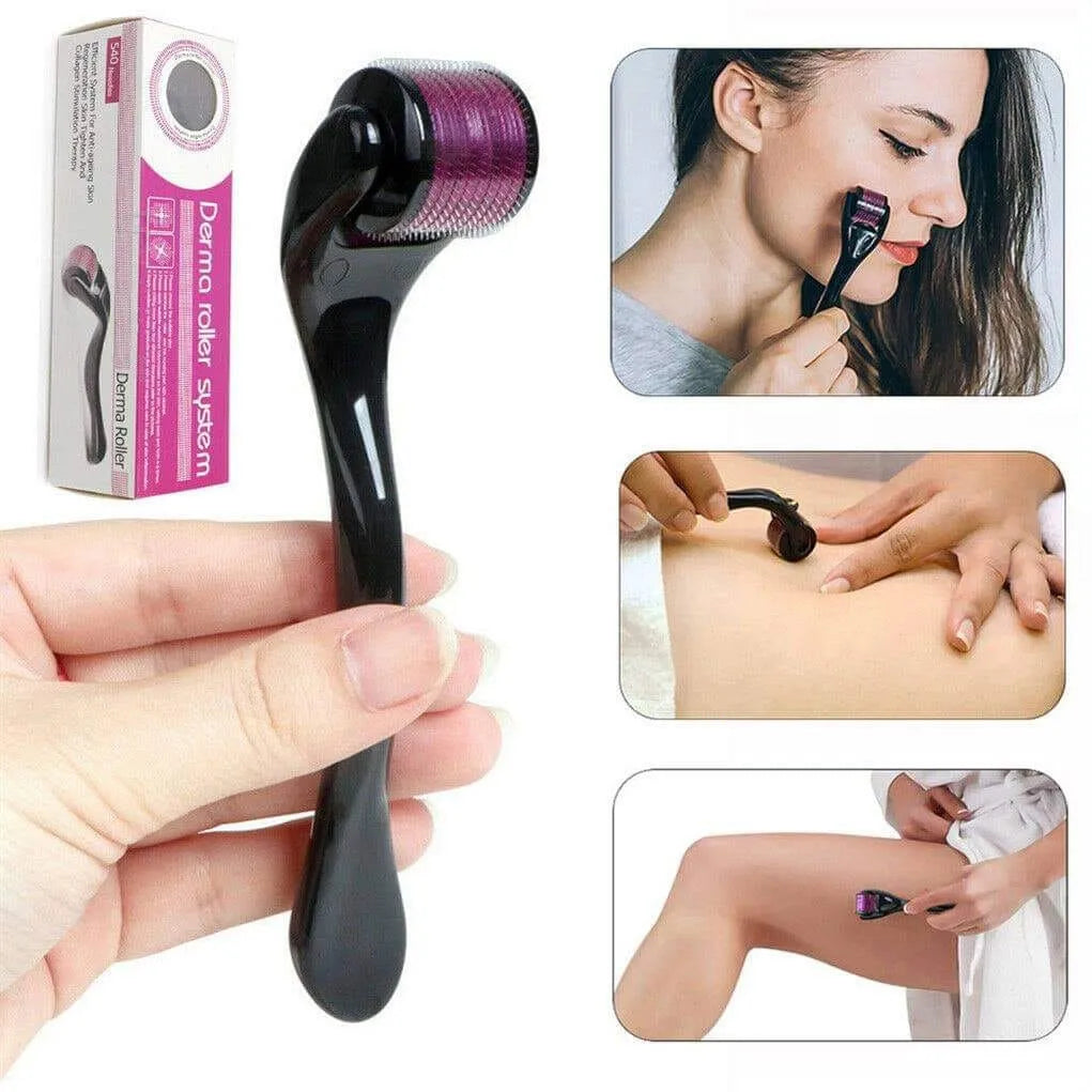 Black derma roller with purple head, packaging, and usage on skin.