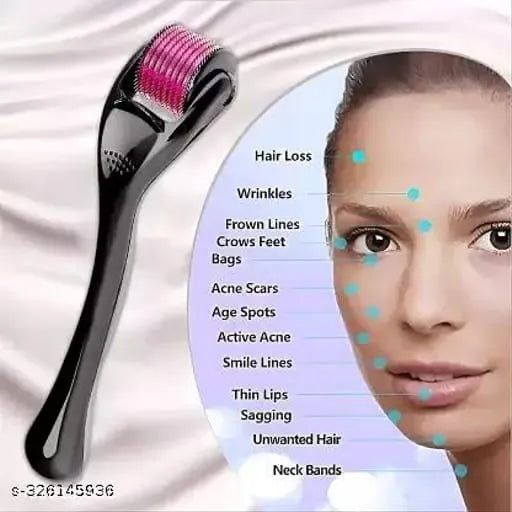 Facial roller device with a diagram of facial treatments on a white background
