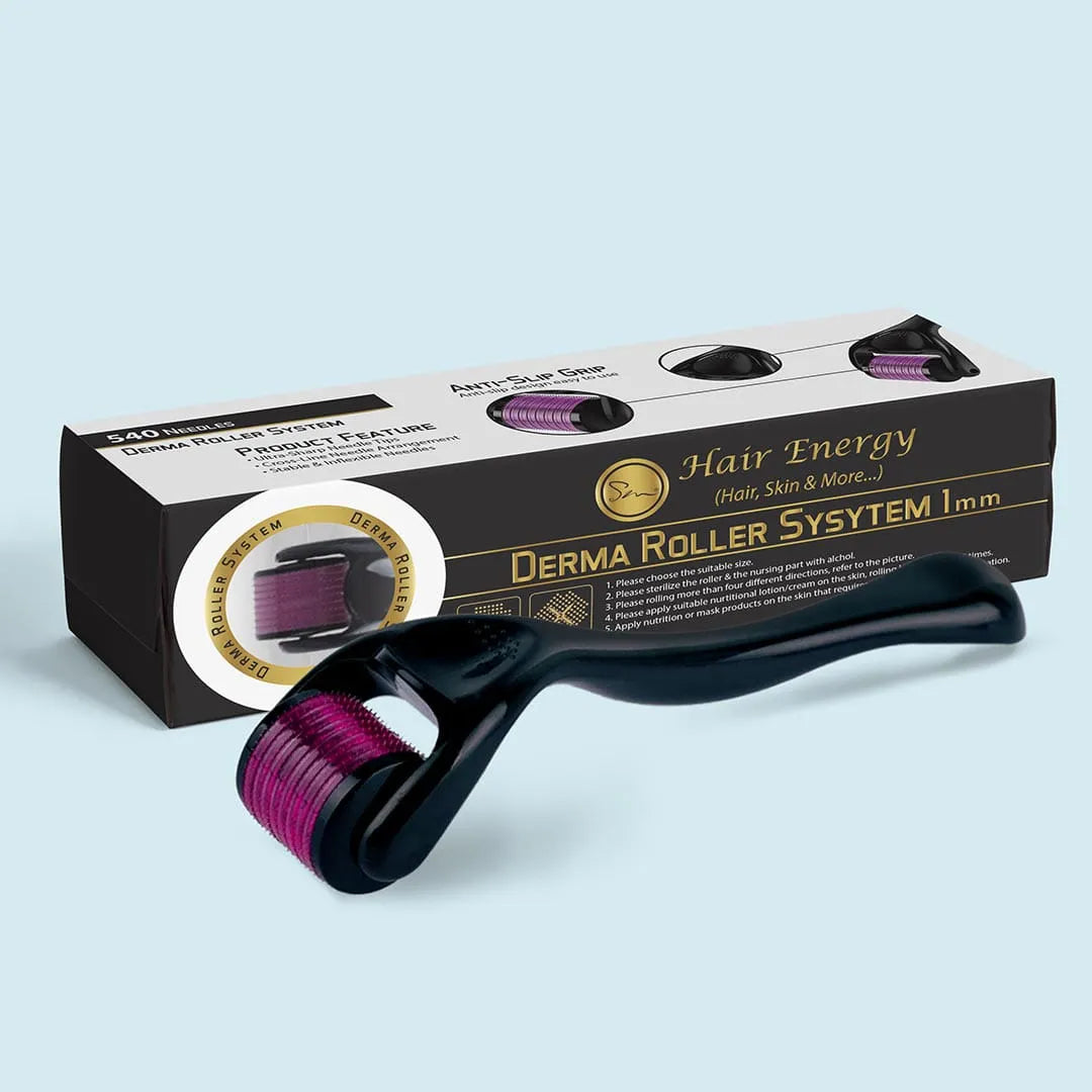 Derma roller system with packaging on a light blue background