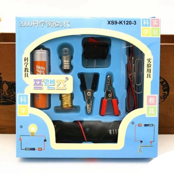 Science experiment kit packaging with various tools on a blue background