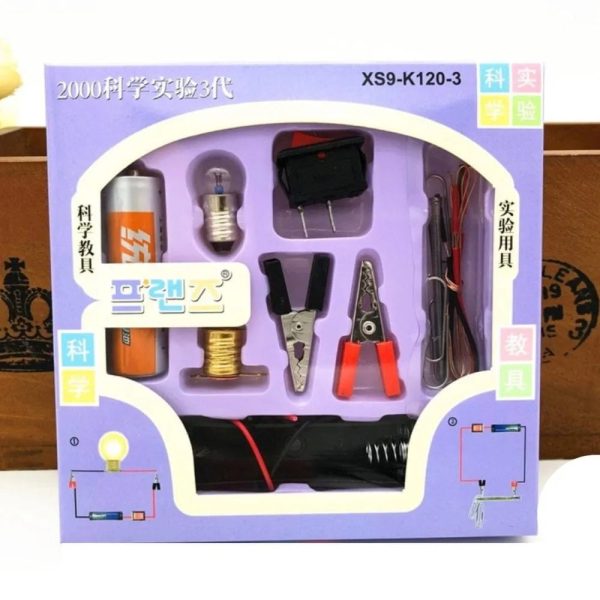 Science experiment kit packaging with various components on a white background