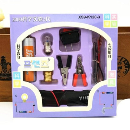 Science experiment kit packaging with various components on a white background