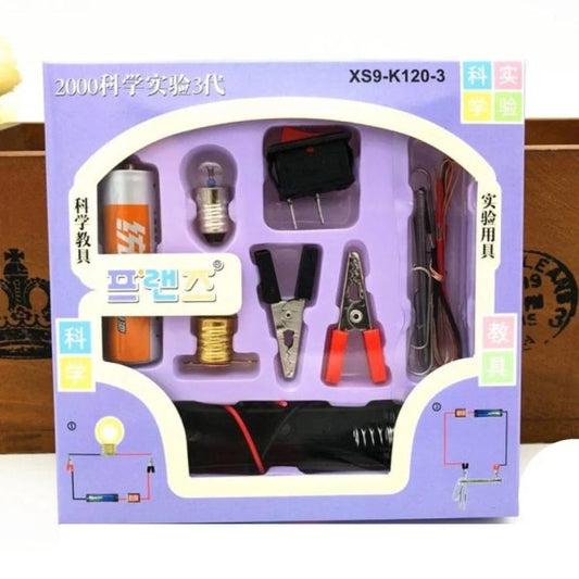 Science experiment kit packaging with various components on a white background