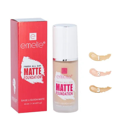 Emelie Matte Foundation bottle and packaging on a white background