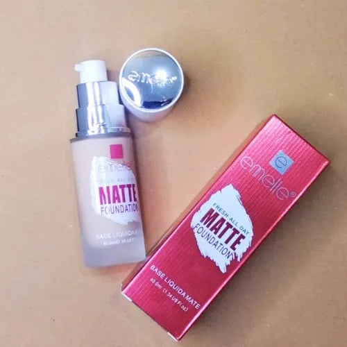 Emielle Matte Foundation bottle and box on a beige background
