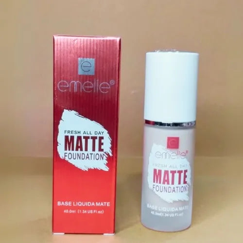Emette matte foundation bottle and packaging on a beige background