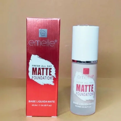 Emette matte foundation bottle and packaging on a beige background