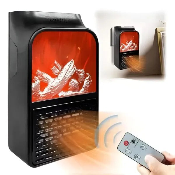 Black electric fireplace with digital display and remote control on a white background