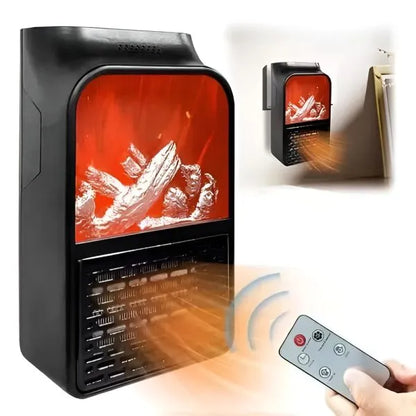 Black electric fireplace with digital display and remote control on a white background