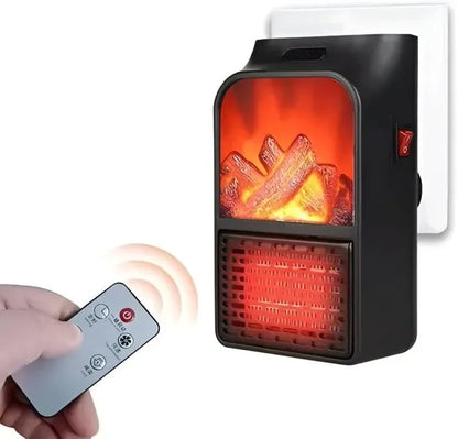 Portable electric heater with remote control on a white background