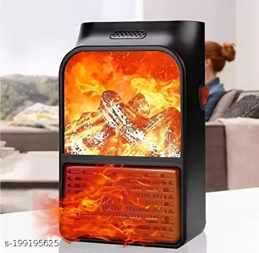 Portable heater with flame design on a table, person sitting in the background
