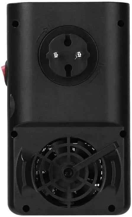Black electronic device with a socket and fan on a white background
