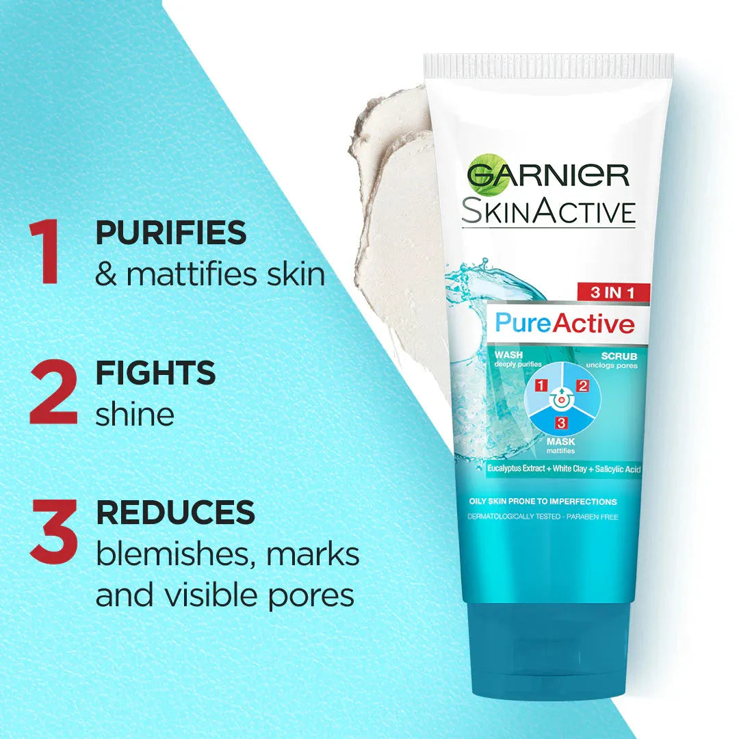 Garnier SkinActive Pure Active skincare product with benefits listed on a blue background