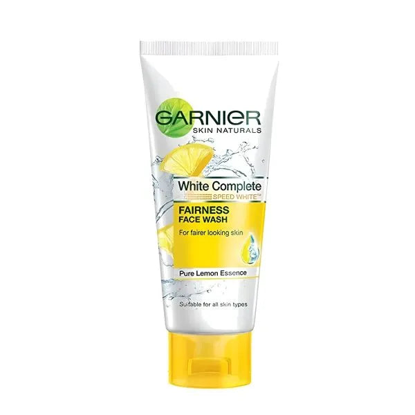 Garnier White Complete Fairness Face Wash tube with lemon graphic on a white background