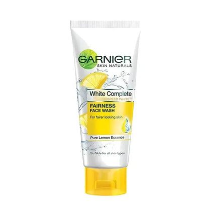 Garnier White Complete Fairness Face Wash tube with lemon graphic on a white background