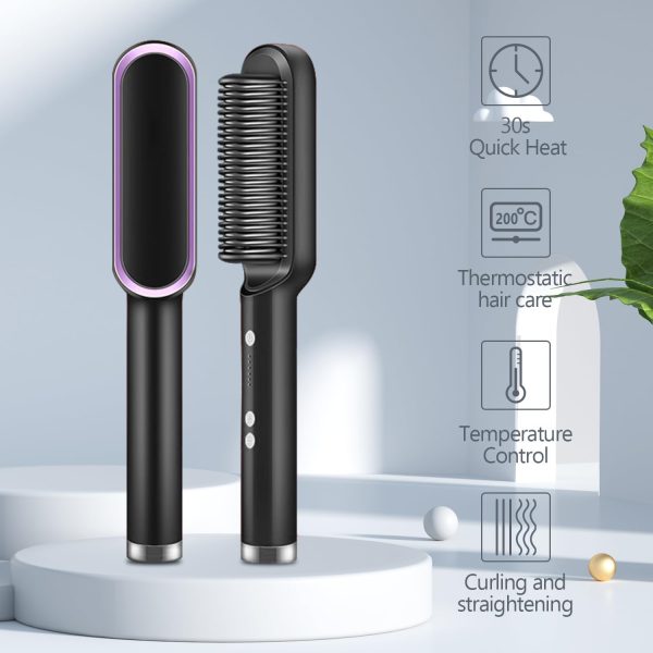Black hair straightening brush with temperature control features on a light blue background
