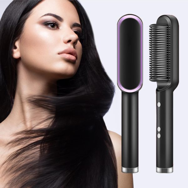 Woman with styled hair next to a hair straightening brush on a light purple background