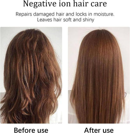 Before and after comparison of hair care product on brown hair.